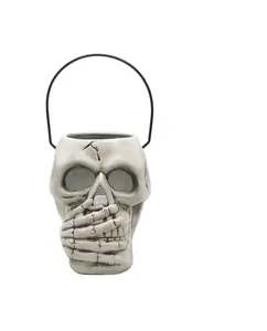 Halloween Skull Lantern with Tealight 8" Ceramic with Handle Lot