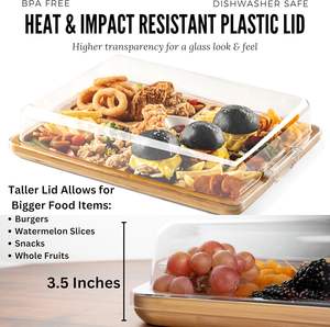 2合1熟食店板，带盖竹砧板和带5个隔层的木托盘，透明盖熟食店 - Product Image 5