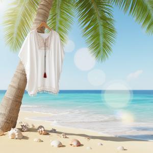 Buonic Copricostume da Spiaggia Estivo da Donna 85x80cm Bianco Ricamato con Frange Casual - Product Image 2