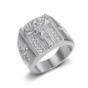 Bague Hip Hop pour Homme, style Signet, avec Croix Crucifix, motif Jésus, en Acier Inoxydable Plaqué Or 18K, entièrement sertie de Zircons, Cadeau - Product Image 5