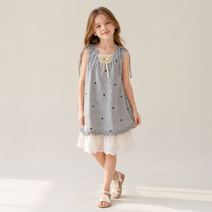 <span class=keywords><strong>Robe</strong></span> d'été décontractée pour fillettes, en coton mélangé, à carreaux, avec dentelle ajourée, sans manches, style boutique - Product Image 2