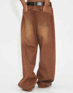 جينز قطني غير رسمي مخصص مغسول ساق واسعة مستقيمة مقاس كبير بنطلون بني مصنع بيع بالجملة دينم فضفاض بحافة سيلفيدج للرجال - Product Image 5