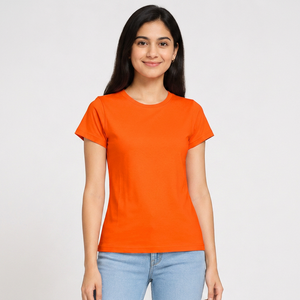T-shirt en polyester à col rond pour femme, coupe classique, couleur unie, décontracté, manches courtes, tissu jersey respirant, printemps-été - Product Image 1