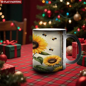Mug en céramique noir givré de 11 oz à changement de couleur avec motif tournesol, base antidérapante, tasse de table anti-rayures - Product Image 2