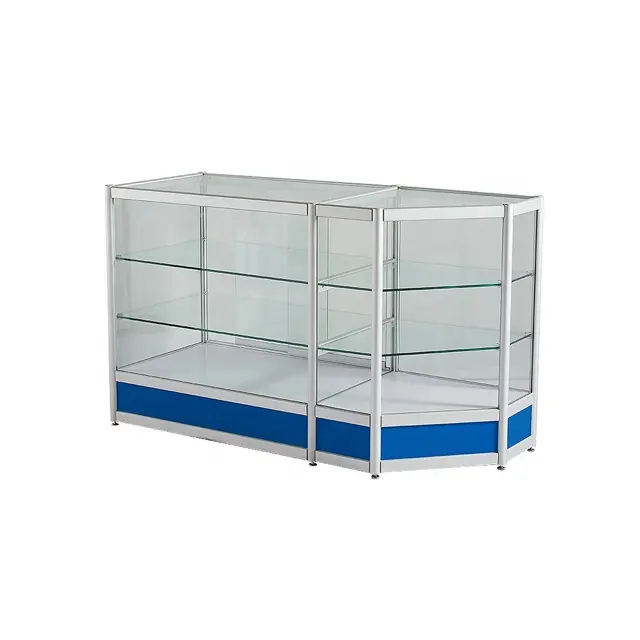 Blue Panel En Zilver Kolom Aangepaste Aluminium Gehard Glas Display Teller