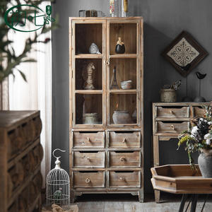 Retro Solid Wood Cabinet With Glass Doors And <b>Drawers</b> For Living Room Storage - Product Image 1