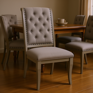 Chaise de salle à manger classique traditionnelle en tissu gris, capitonnée avec garniture à clous, pieds en bois, mobilier de maison - Product Image 2