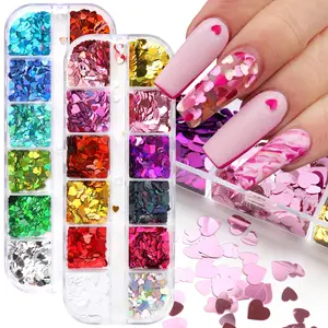 Beliebte 12 Gitter Valentinstag Nagel Pailletten Nagel Aufkleber bunte Glitzer Herz süße Liebe Form Glitter Nail Art