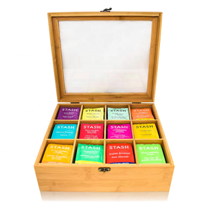 12 Compartments Natural Storage Tea Bag Custom Gift Box Solid Organizer Bamboo Wooden Tea Box With Transparent Lid