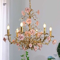 Lustre en ciment rustique pour chambre à coucher, motif rose, pour salle à manger, lampe dorée à économie d'énergie, style campagnard américain, éclairage de pièce