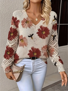 <span class=keywords><strong>Pull</strong></span> imprimé best-seller, élégant, bohème, à fleurs, col en V, manches longues, hauts décontractés amples et tendance pour femmes - Product Image 1