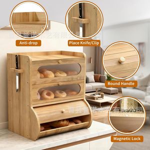 Boîte à pain en bois à plusieurs niveaux avec porte transparente et couvercle enroulable pour comptoir de cuisine - Product Image 2