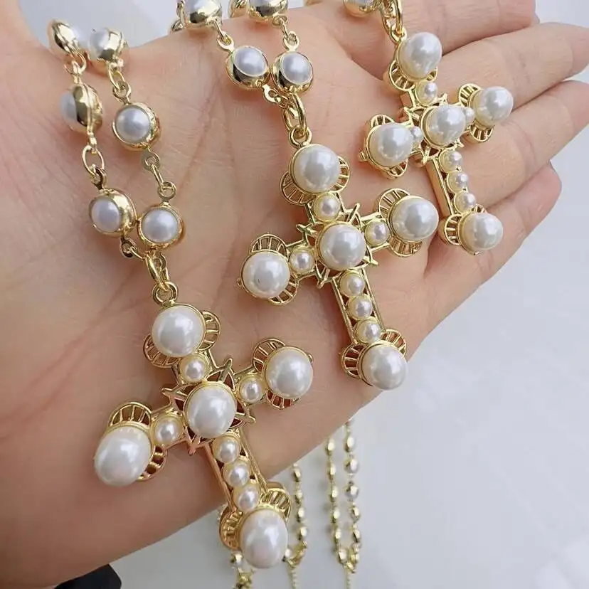 LS-L3377 kalung salib klasik untuk hadiah kalung rantai rosario mutiara perhiasan religius 18k kalung pria berlapis emas