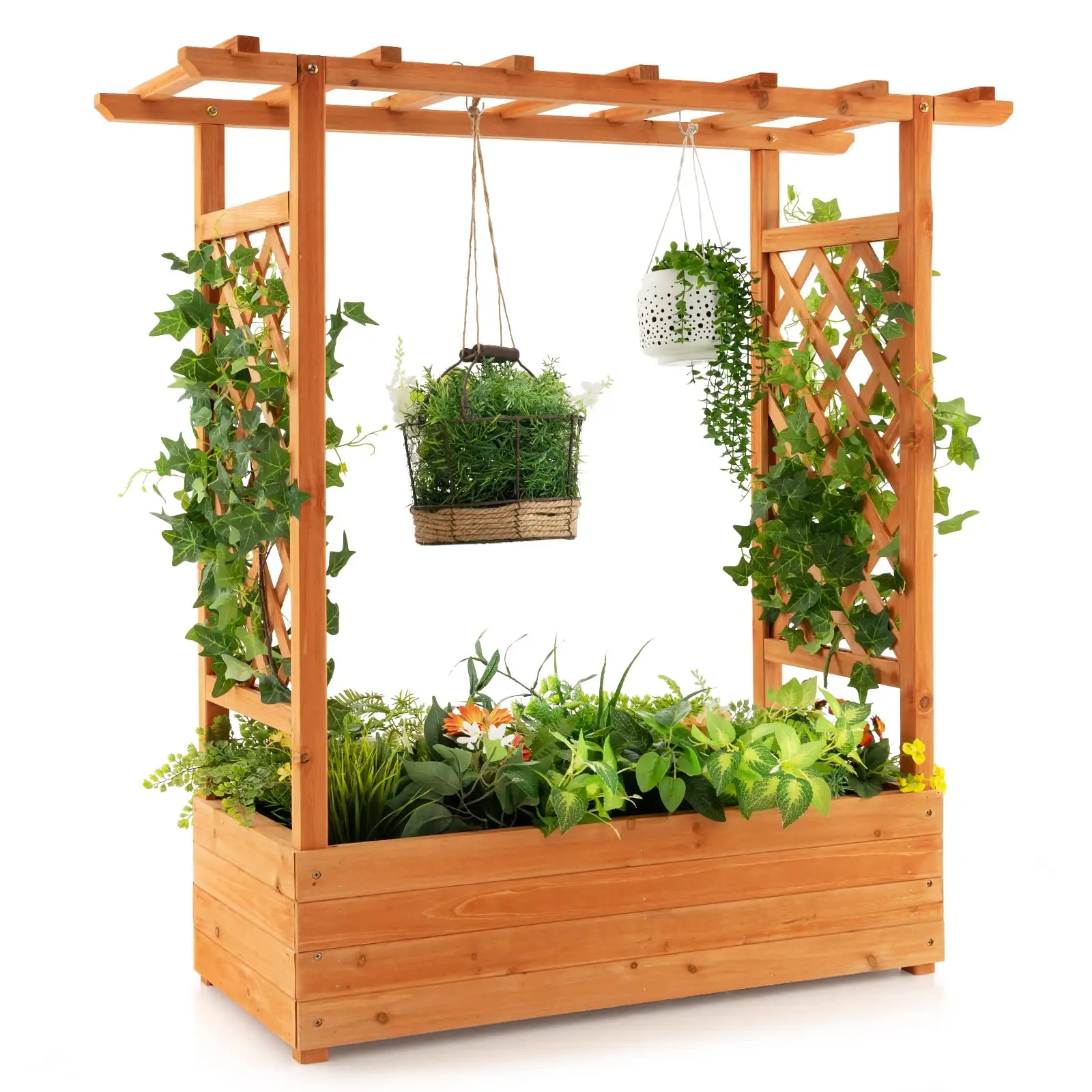 Raised Garden Bed with Arch Trellis Wood Planter Container with Hanging Roof 4 Drainage Holes Indoor Outdoor Above Ground