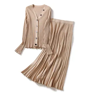 Customized Sweater Ladies Knit Long Sleeve Button Up Solid Color Cardigan And Skirt 2 Piece Set