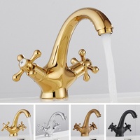 Robinet de lavabo de salle de bain européen antique en laiton chromé à arc haut, à double poignée croisée, pour eau chaude et froide