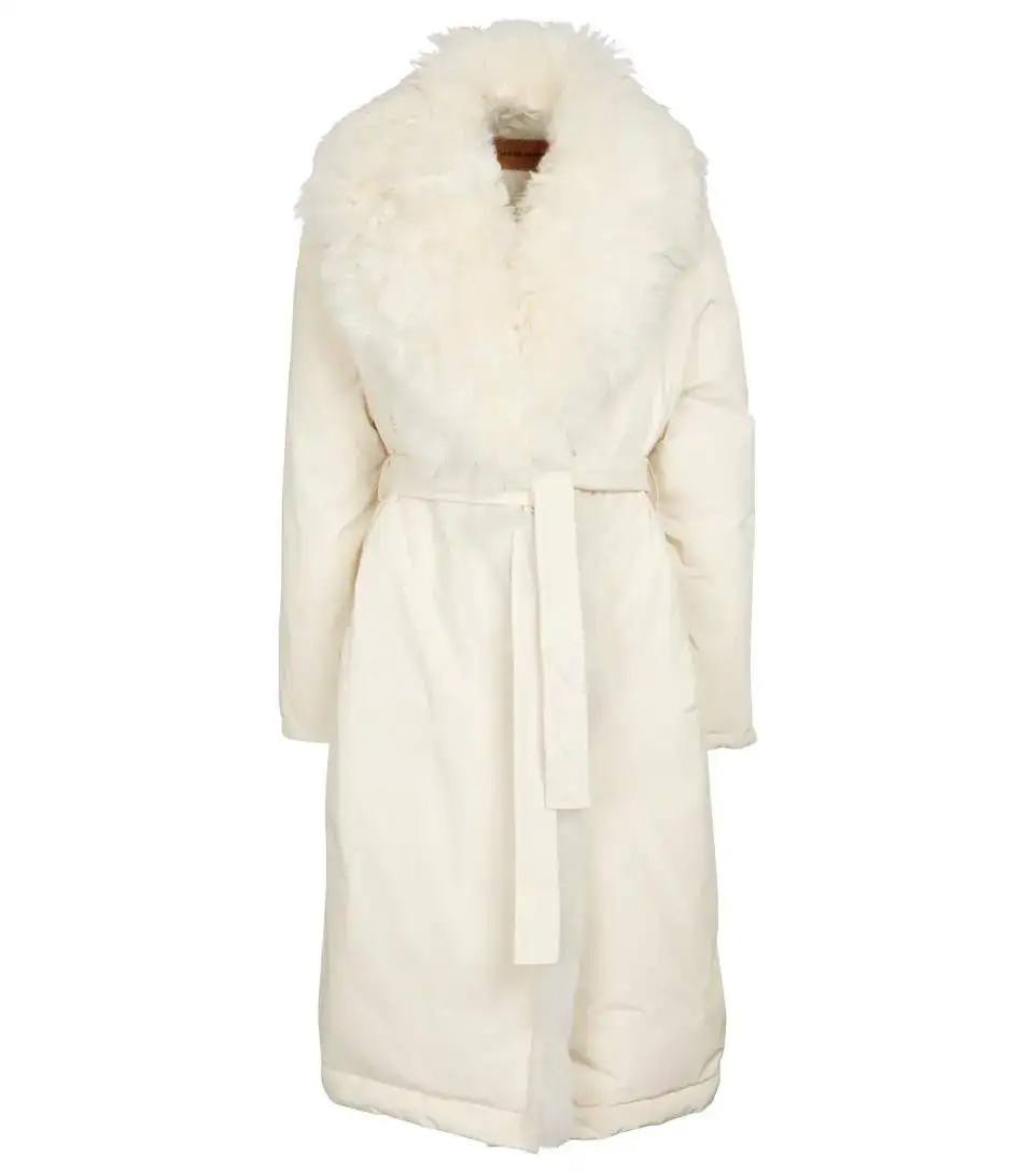 Faux Fur Trim Long Puffer Down Coat With self-tie waist