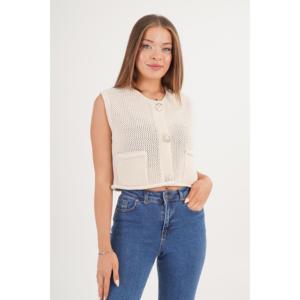 เสื้อกั๊กถักติดกระดุมสีทองพร้อมกระเป๋าคู่ เสื้อคลุมระบายอากาศสำหรับผู้หญิง อะคริลิก 100% - Product Image 4