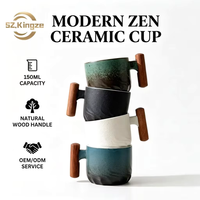 Tasses à café expresso en céramique avec poignée en bois créative de haute qualité, logo personnalisé Kingze, 150 ml