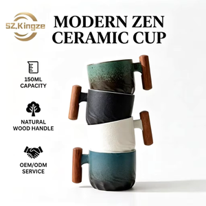 Tasses à café <span class=keywords><strong>expresso</strong></span> en céramique avec poignée en bois créative de haute qualité, logo personnalisé Kingze, 150 ml - Product Image 1