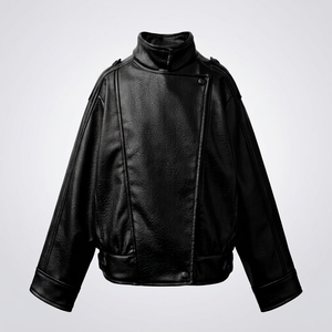 Blouson moto en cuir PU noir pour homme, col montant, fermeture éclair, longueur standard, coupe classique, style automne, garniture en fourrure, doublure en fausse fourrure - Product Image 1