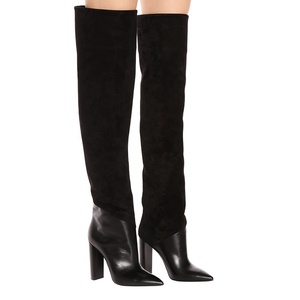 Botas Altas de Mujer Talla Grande 46, de Cuero y Gamuza con Parches, Tacón Cuadrado, Punta Puntiaguda, Botines Largos - Product Image 6