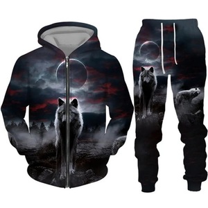 Nuovo Set Felpa con Cappuccio e Pantaloni della Tuta con Stampa 3D di <span class=keywords><strong>Lupo</strong></span>, Abbigliamento Casual Streetwear Autunnale con Zip, Personalizzabile - Product Image 1
