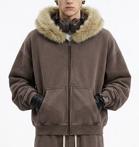 <span class=keywords><strong>Sweat</strong></span> à <span class=keywords><strong>capuche</strong></span> zippé ample et décontracté en coton et polyester, style streetwear, effet délavé à l'acide, logo personnalisé vintage, style boxy, délavé au soleil - Product Image 5