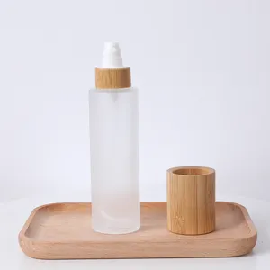 4Oz 120Ml transparent Frosted Glass Lotion Bottle With Bamboo Lids Pump