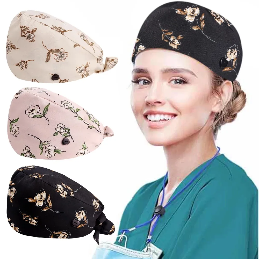 Working Cap with Button and Sweatband, Cotton Printed Adjustable Bouffant Tie Back Hats for Women and Men