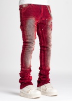 Jean pour homme Y2K en denim déchiré et délavé rouge, coupe slim évasée, style streetwear de haute qualité, personnalisable OEM/ODM, collection 2026