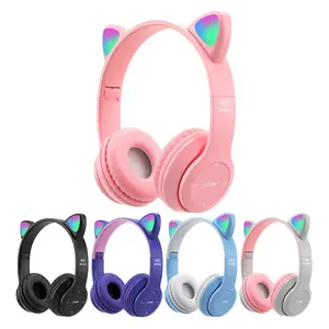 2024 최고 판매 P47M LED 빛 귀여운 고양이 귀 무선 헤드폰 마이크 아이 소녀 스테레오 음악 헬멧 전화 BT 헤드셋