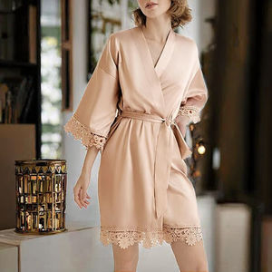 Albornoz de satén de seda de estilo Simple de talla grande, Kimono de Color sólido, ajuste de encaje, cierre de cintura elástica para damas de honor, hora del baño - Product Image 2