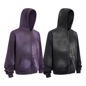 Otoño/Invierno 2025 nuevo estilo 430G Spray Monkey lavado borde deshilachado desgastado bolsa de rata con capucha sudadera con doble cremallera - Product Image 3