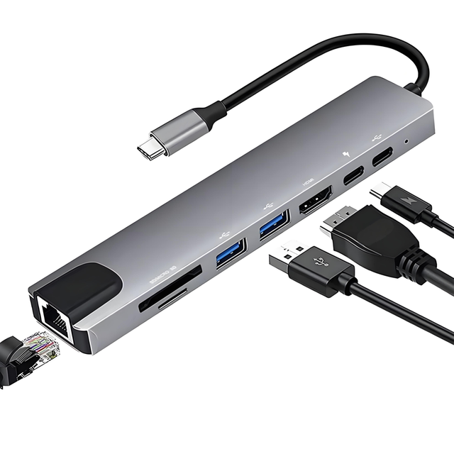 8-in-1 USB-C Hub Adapter Splitter with USB Type C PD VGA Rj45 LAN SD TF Card Reader Charging Data Transfer for MacBook Tablet
