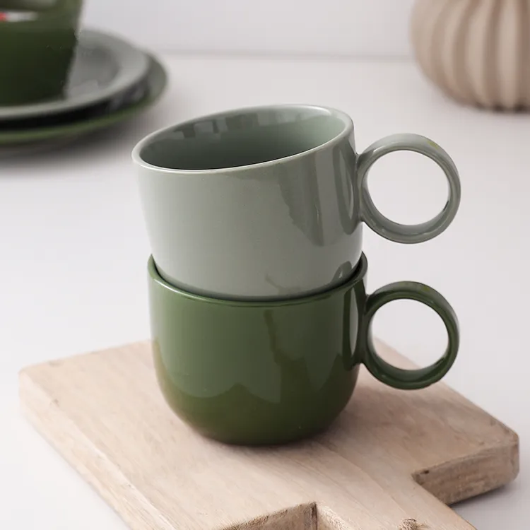 Nordic glossy glaze small quantity in stocks green cup bulk coffee milk mug tea mug ceramic with round ring handle