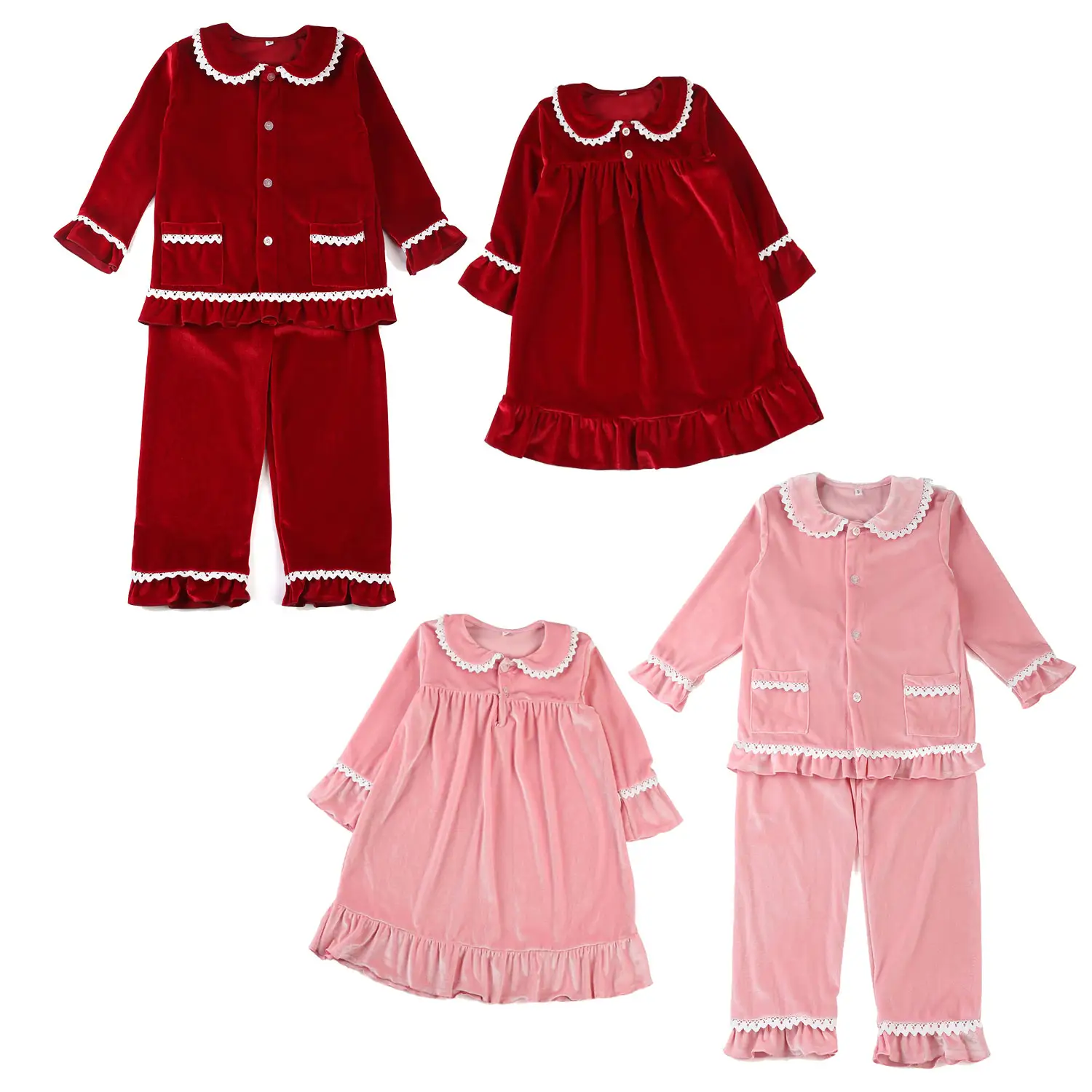 Family Christmas winter red solid adult pjs velvet fabric lace baby girls pyjamas set