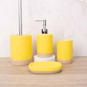 现代简约黄色4件套树脂浴室配件套装肥皂泵分配器浴室家庭酒店