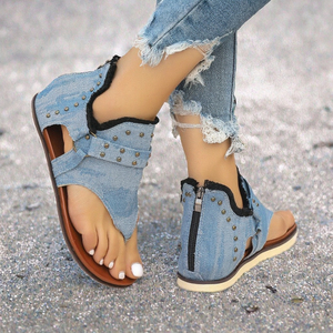 <span class=keywords><strong>Sandales</strong></span> plates en toile denim à bout ouvert pour femmes, vente d'été, antidérapantes, à lacets, tendance, pour l'extérieur - Product Image 3