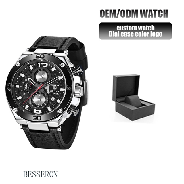 Stylish Men's Quartz Movement Stainless Steel Alloy Wristwatch 3BAR Waterproof Chronograph Luminous Display 22mm Leather Strap