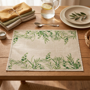 Set de table en lin de qualité supérieure avec imprimé de feuilles botaniques vertes |   Tapis de table décoratif rustique naturel - Product Image 2