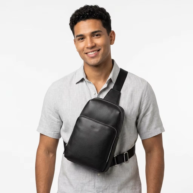 Custom Genuine Leather Fashion Minimalist Portable Men's Women's Business Travel Chest Bags Oem Logo Zipper Closure Phone Purse