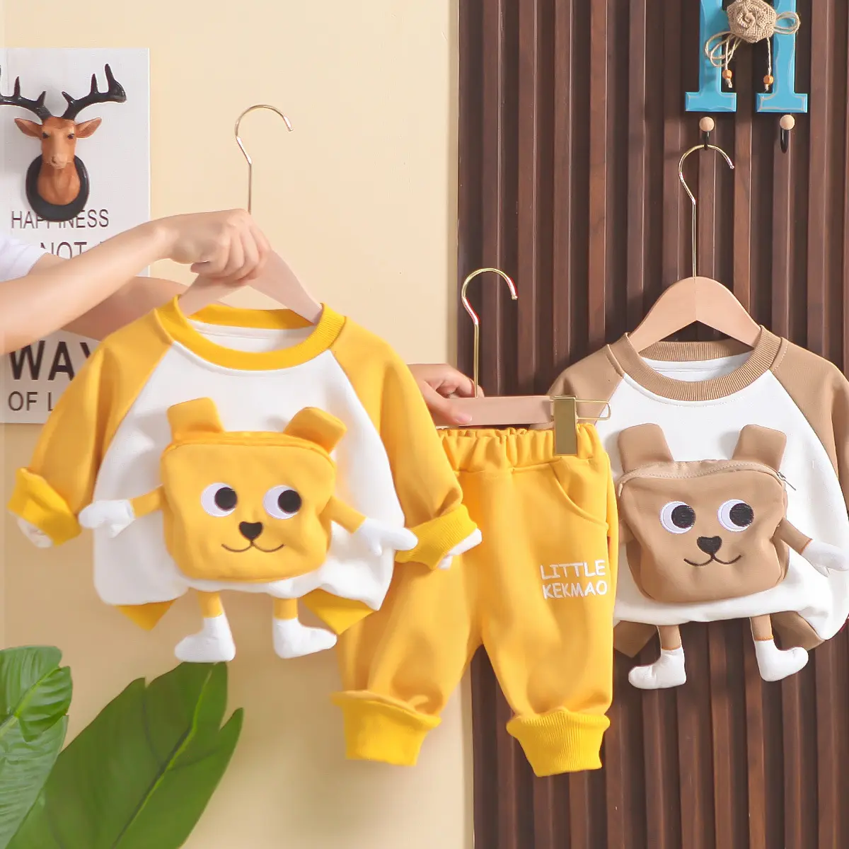 Setelan baju hangat bayi, baju Sweater 3D saku persegi, Set lengan panjang anak laki-laki umur 1 tahun Musim Semi dan Musim Gugur 2023