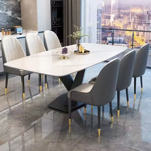 Ensemble table et chaises <span class=keywords><strong>de</strong></span> salle à manger en pierre frittée carrée <span class=keywords><strong>de</strong></span> luxe moderne avec base robuste en forme <span class=keywords><strong>de</strong></span> X |   Voiture Écologique 6 Places pour Utilisation en Villa ou Hôtel - Product Image 6