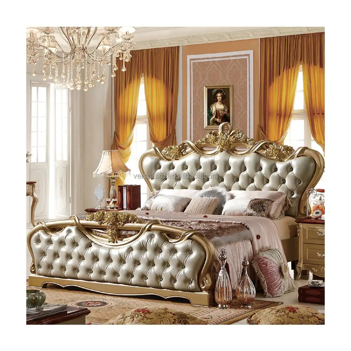 유럽 클래식 럭셔리 클래식 디자인 골동품 퀸 사이즈 킹 사이즈 더블 침대 세트 전체 침구 세트 나무 침대