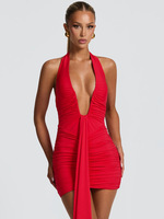 Robe mini moulante personnalisée OEM à col licou, décolleté plongeant en V, froncée, avec long ruban à nouer, tenue de club sexy