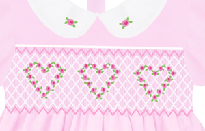Robe rose smockée à la main pour filles, motif couronne de roses et cœurs, manches bouffantes blanches, robe mignonne de boutique pour tout-petits - Product Image 3