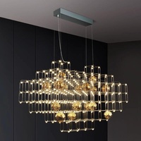 Lustre LED créatif en cristal à trois couches, design ciel étoilé, cube, télécommande, hauteur réglable, doré, taille moyenne, pour hall d'hôtel et salon