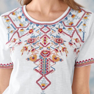 Tops bohèmes brodés de fleurs mexicaines vintage 2025 pour femmes, tunique d'é<span class=keywords><strong>t</strong></span>é et d'automne à manches courtes, style <span class=keywords><strong>bohème</strong></span>, <span class=keywords><strong>t</strong></span>-shirts - Product Image 4