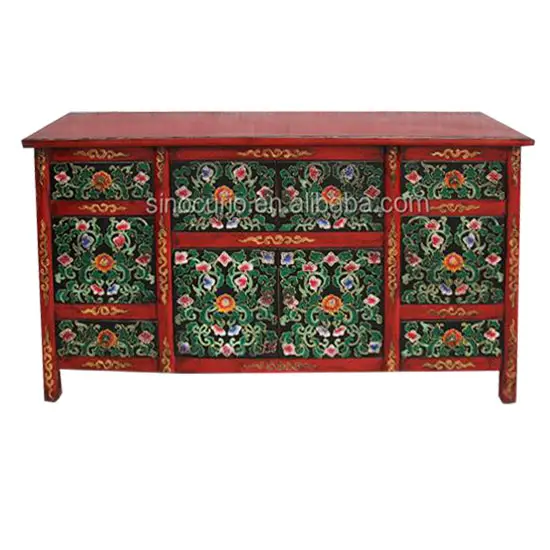 Chinese antique living room wooden sideboard Tibetan hand painted cabinet